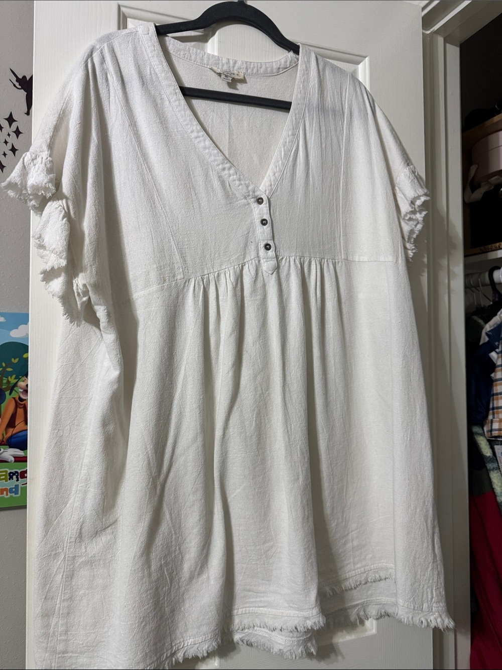 Umgee White V-Neck Babydoll Tunic with Fringe Trim